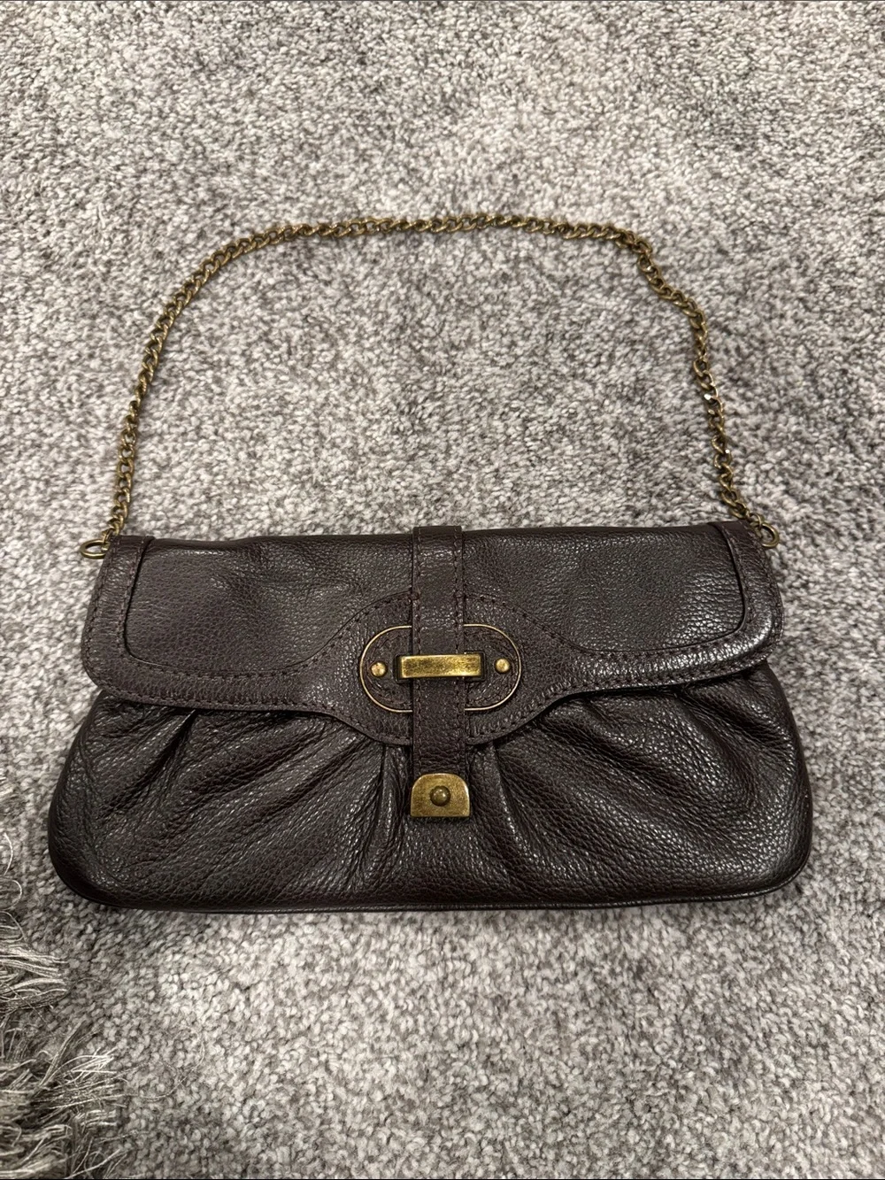 Talbots Dark Brown Pebbled Leather Clutch with Gold Chain